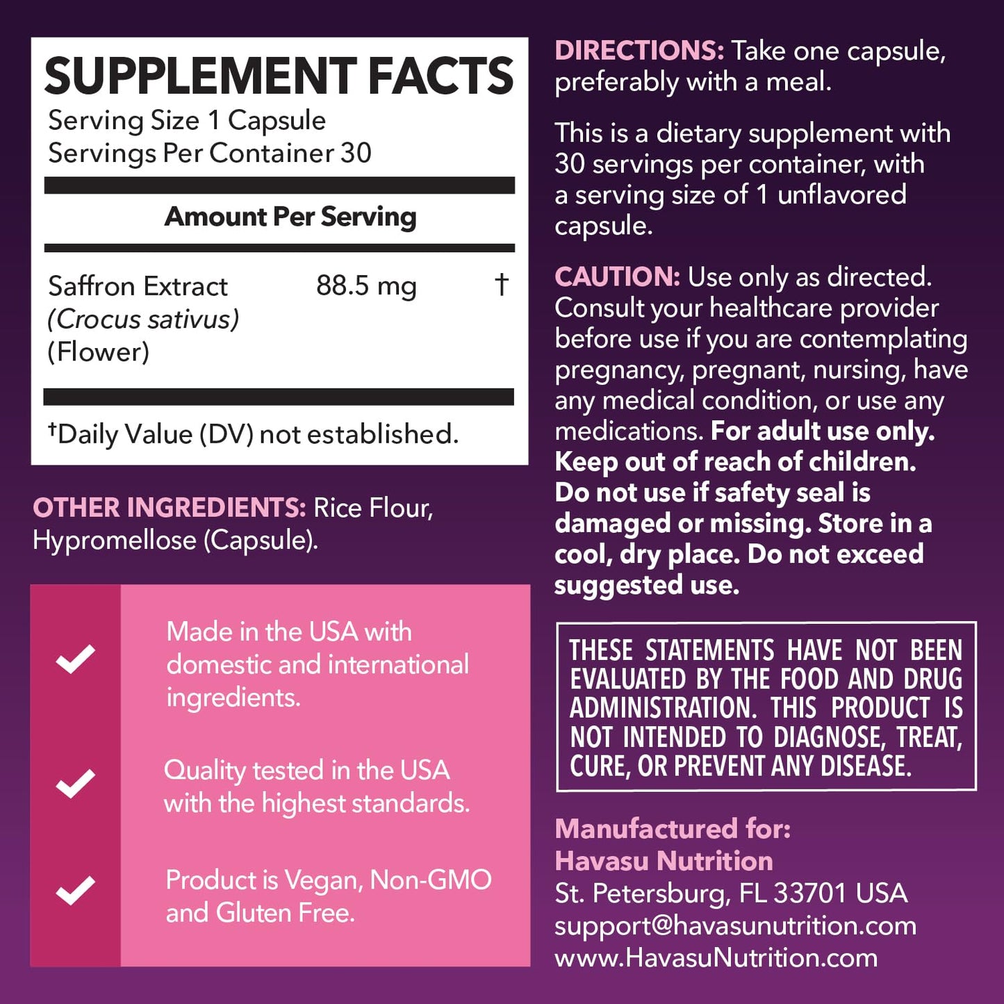 HAVASU NUTRITION Saffron Supplements Capsule, 30 Count