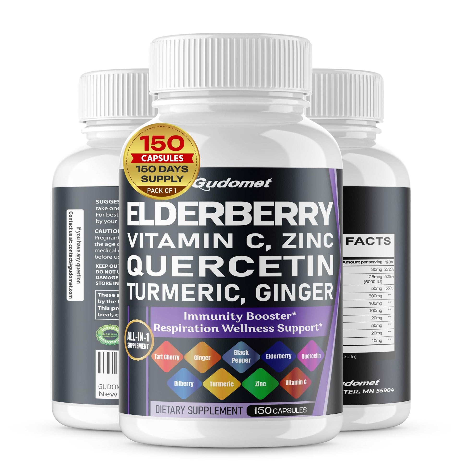 GUDOMET Elderberry Quercetin Bilberry Turmeric Tart Cherry Ginger Vitamin C Vitamin D3 Zinc Black Pepper Capsules 150
