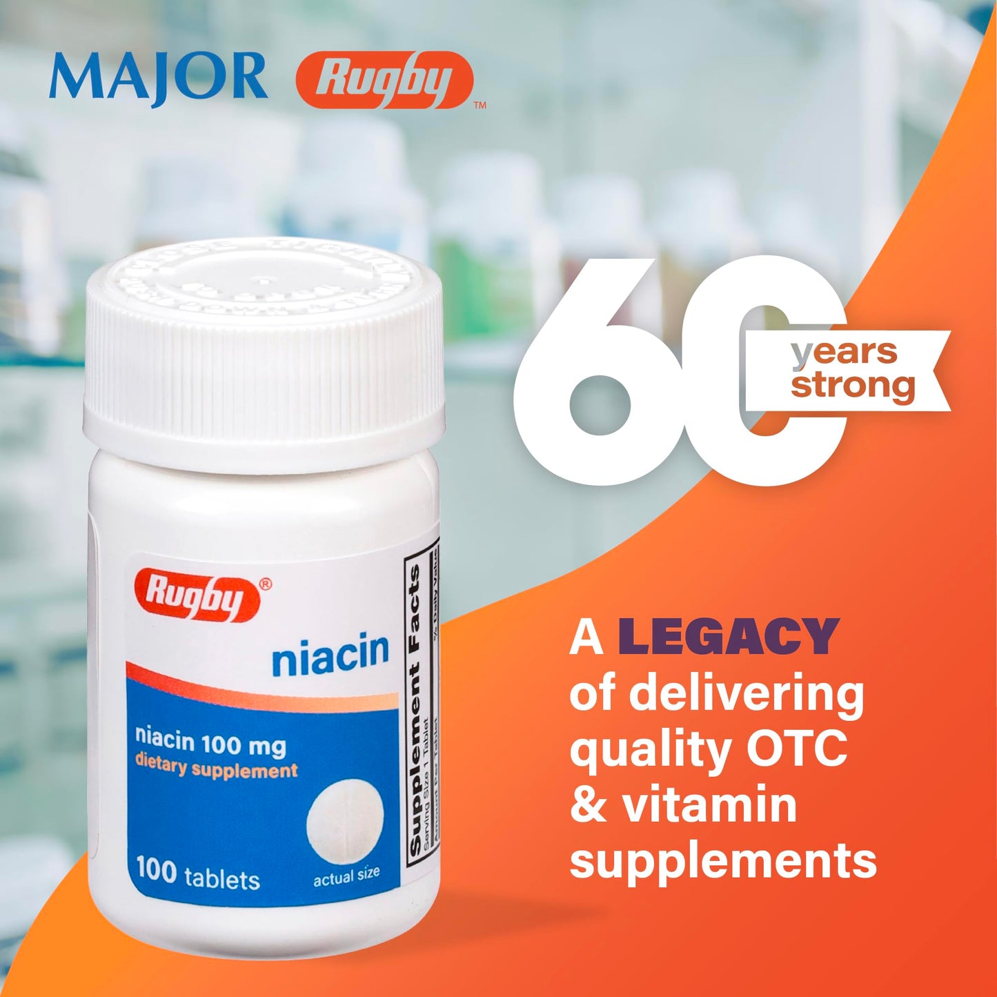 Rugby Niacin 100mg Tablet with Calcium Dietary Supplement, 100 Count