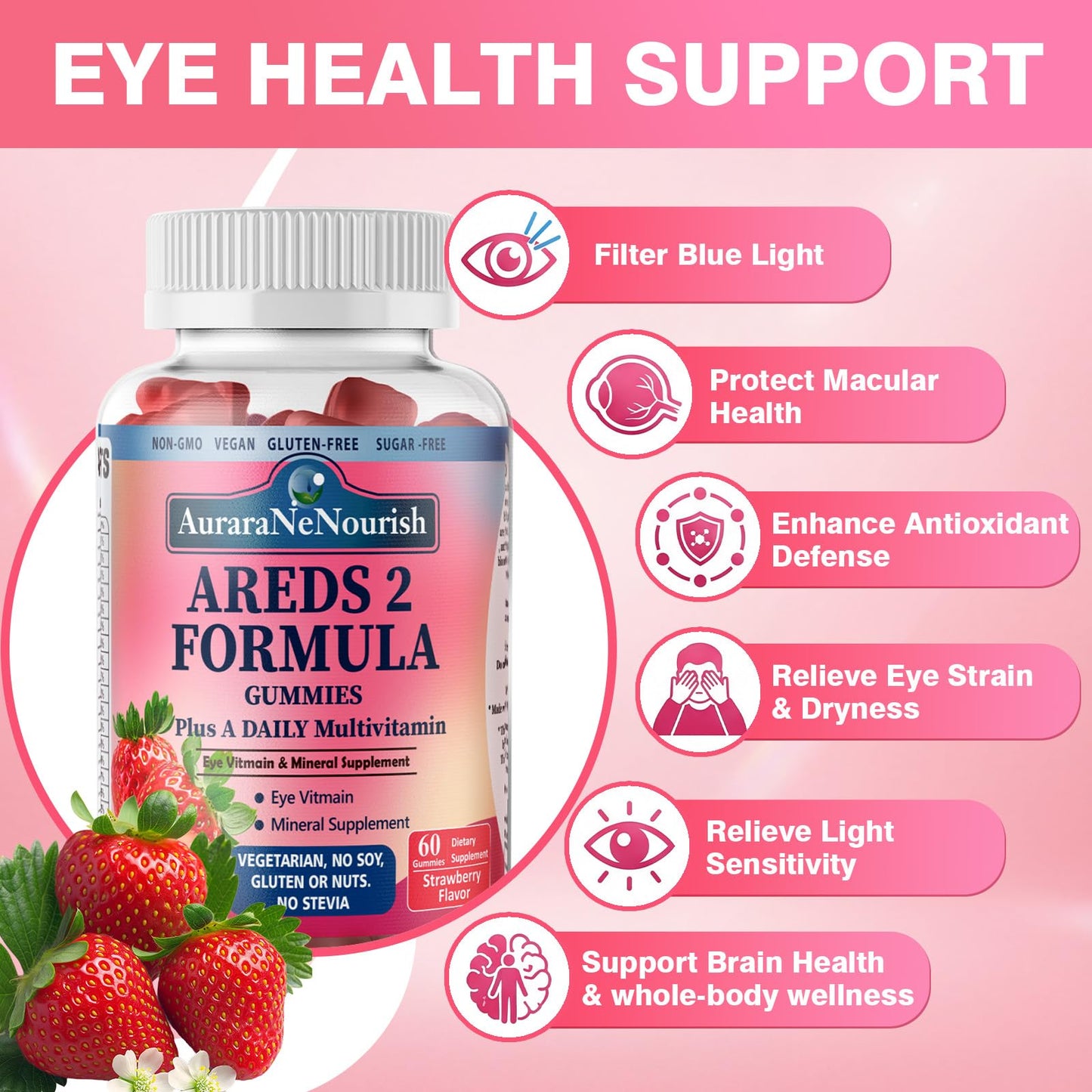 AuraraNeNourish AREDS 2 + Advanced Formula for Macular Health, 22-in-1 Eye Vitamin & Mineral Supplement with Zeaxanthin, Zinc & Vitamin C, 120 Gummies