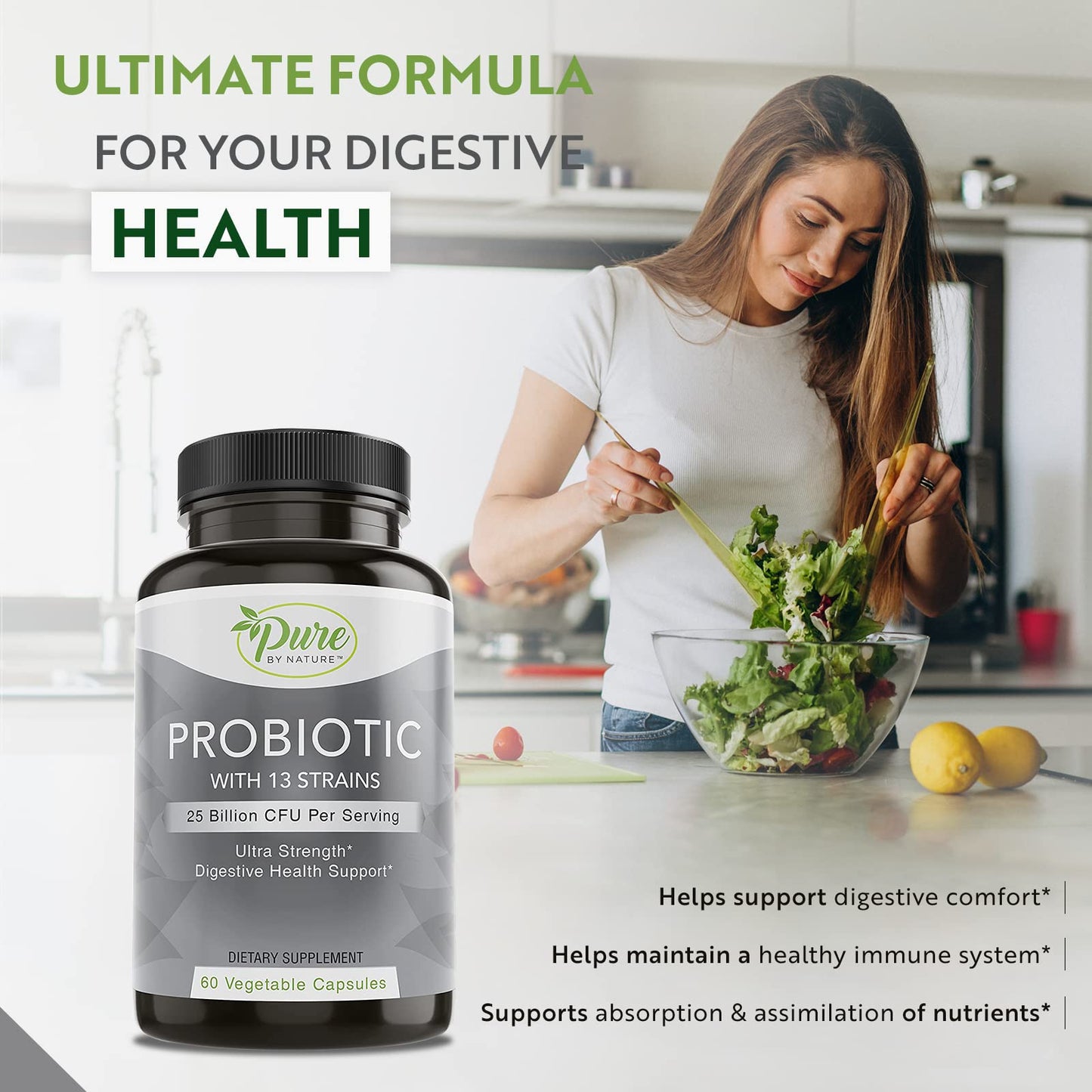 Pure By Nature Probiotics for Women & Men, 13 Strains, 25 Billion CFU, 60 Capsules
