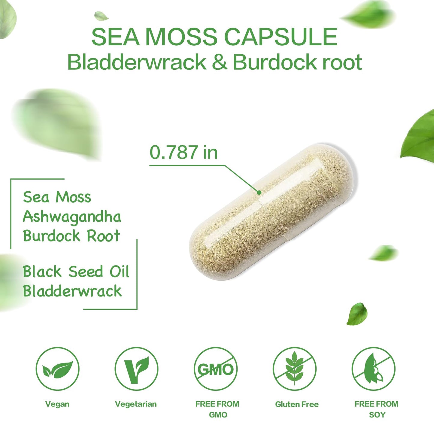VPKIN Organic Sea Moss Capsules with Bladderwrack, Burdock Root and Black Pepper Extract, 2000mg, 120 Capsules