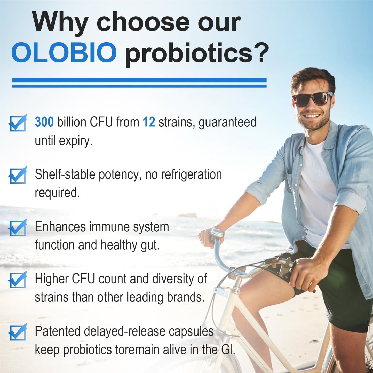 OLOBIO Probiotic 300 Billion CFU with 12 Strains and 3 Organic Prebiotics Capsules, 60 Count