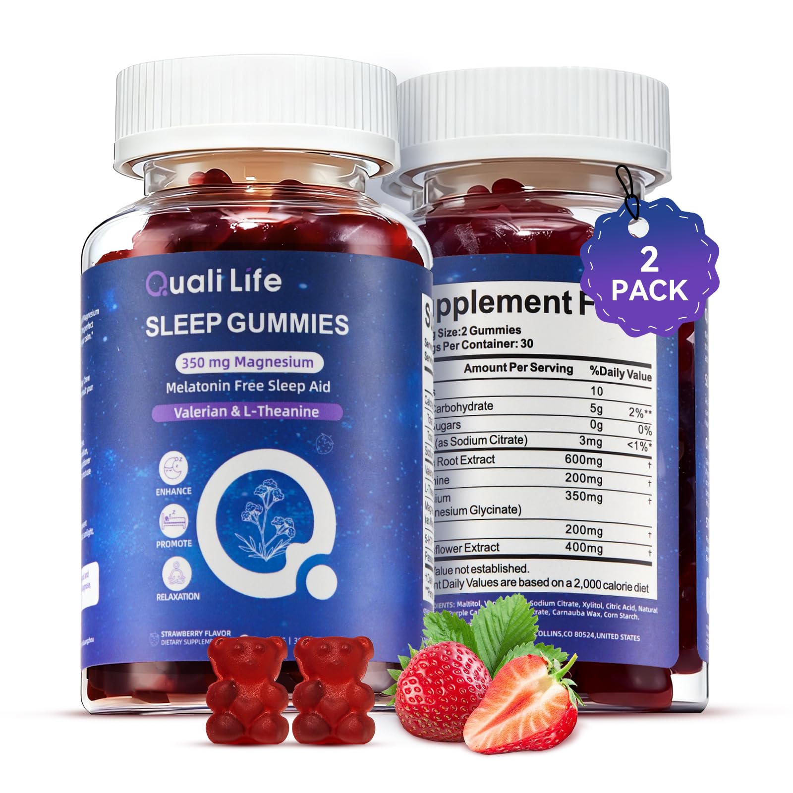 QualiLife Melatonin-Free Sleep Gummies for Adults with Magnesium, Valerian Root, 5-HTP & Herbal Blend, 60 Count