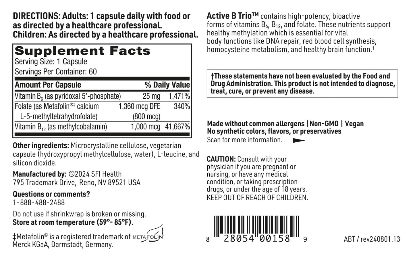 SFI Health Active B Trio Methylated Vitamin B Complex with B6, B12 & Folate, 60 Capsules