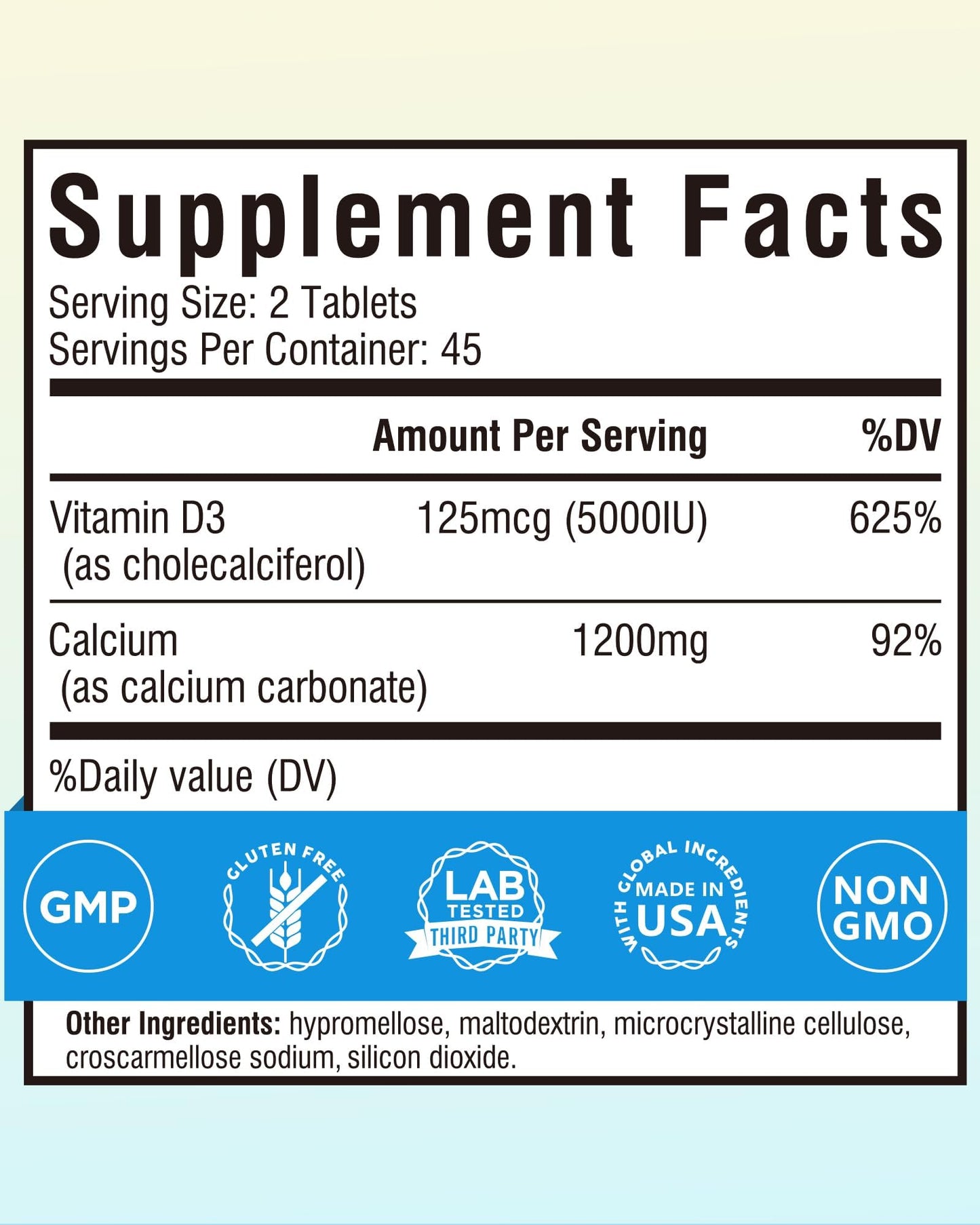 Terranics Calcium 1200 mg with Vitamin D3 High Absorption Calcium Supplement Tablets, 90 Count