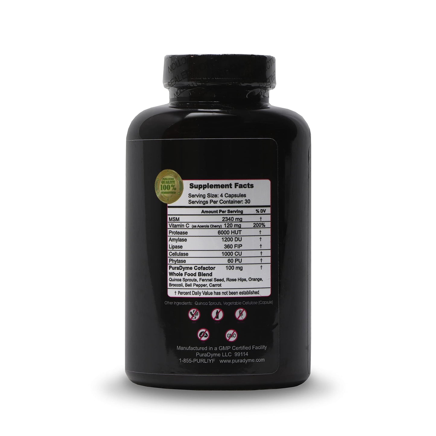 PuraDyme MSM with Cofactor Whole Food Blend Vegan Capsules, 180 Capsules