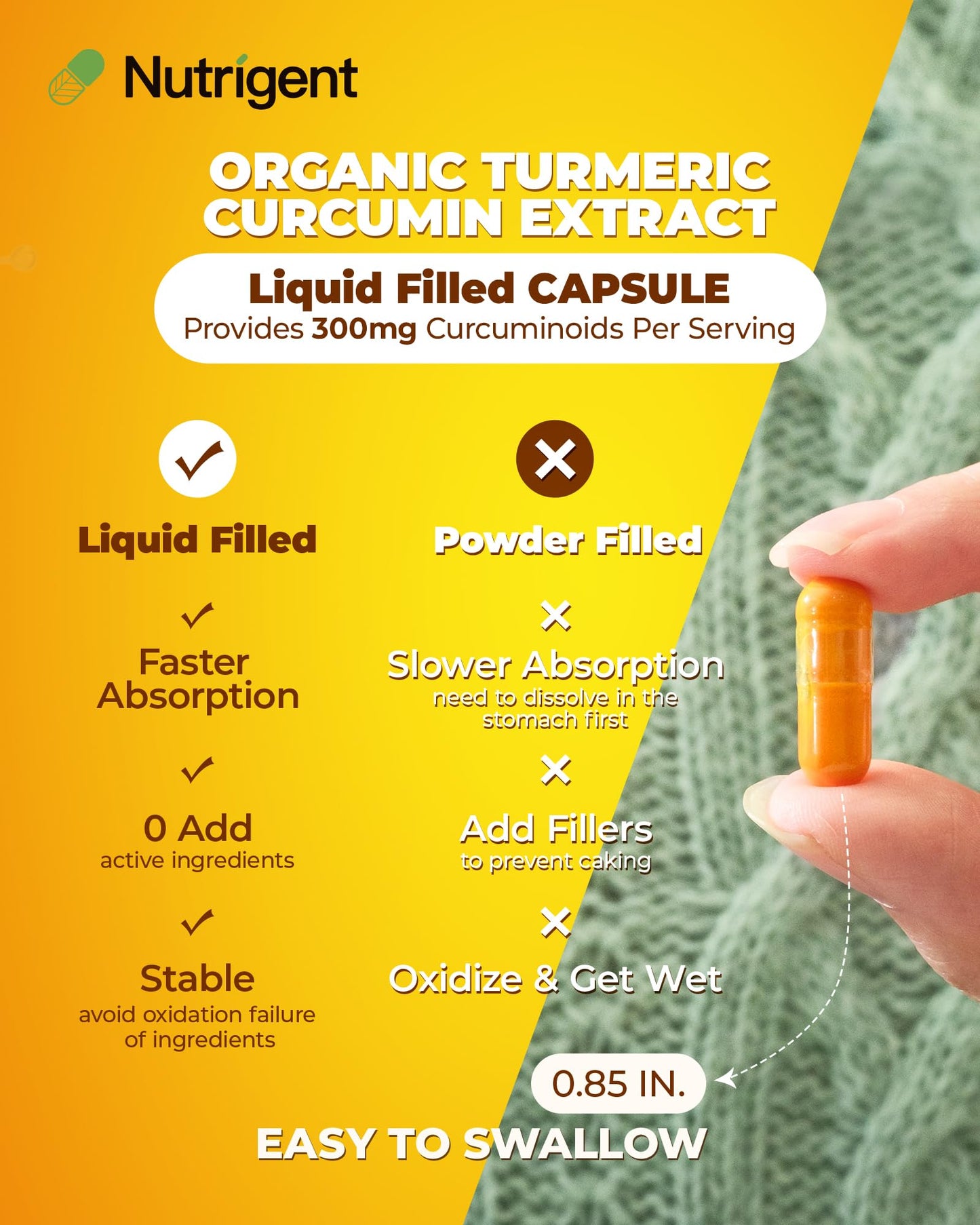 Nutrigent USDA Organic Turmeric Curcumin Supplement, Turmeric Extract with Curcuminoids 300 mg Capsule, 60 Count
