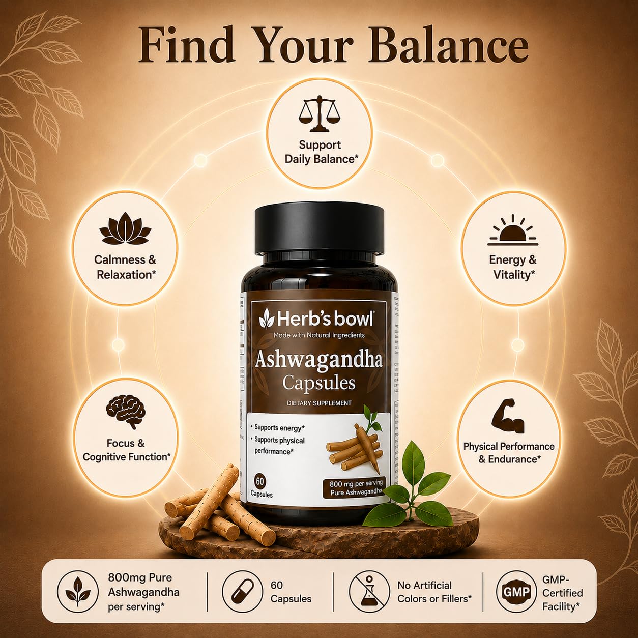 Herb'sbowl Organic Ashwagandha Capsules 800 mg per Serving, 60 Capsules