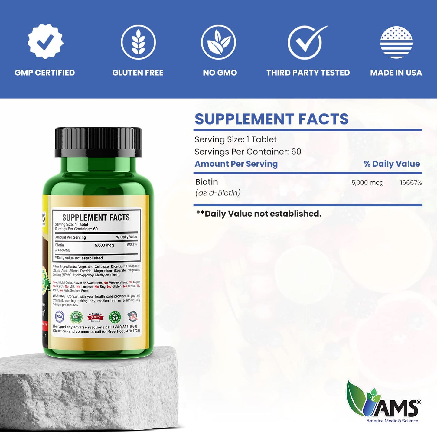 America Medic & Science High Potency Biotin 5000 mcg Tablets, 60 Count