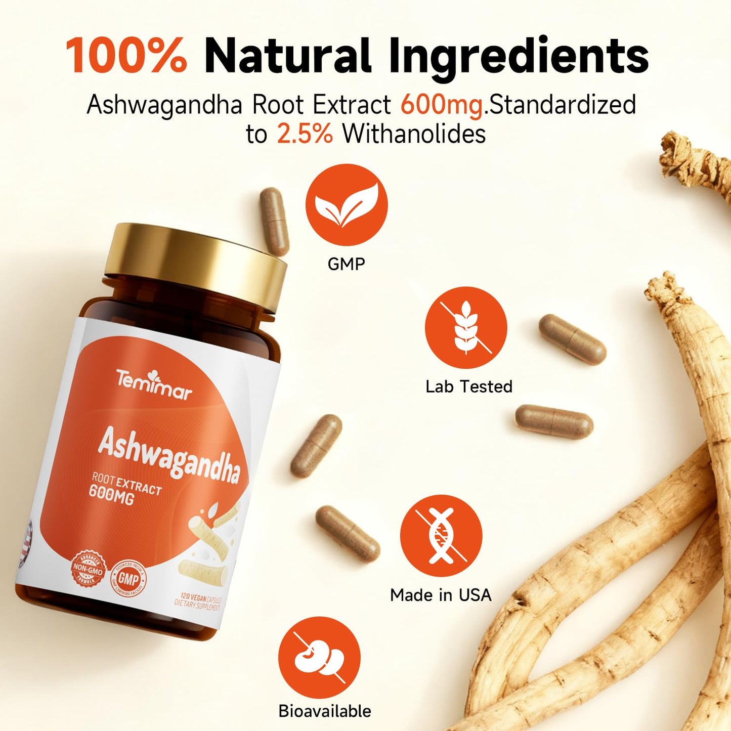 Temimar Ashwagandha Root Extract 600mg Capsules, 240 Capsules