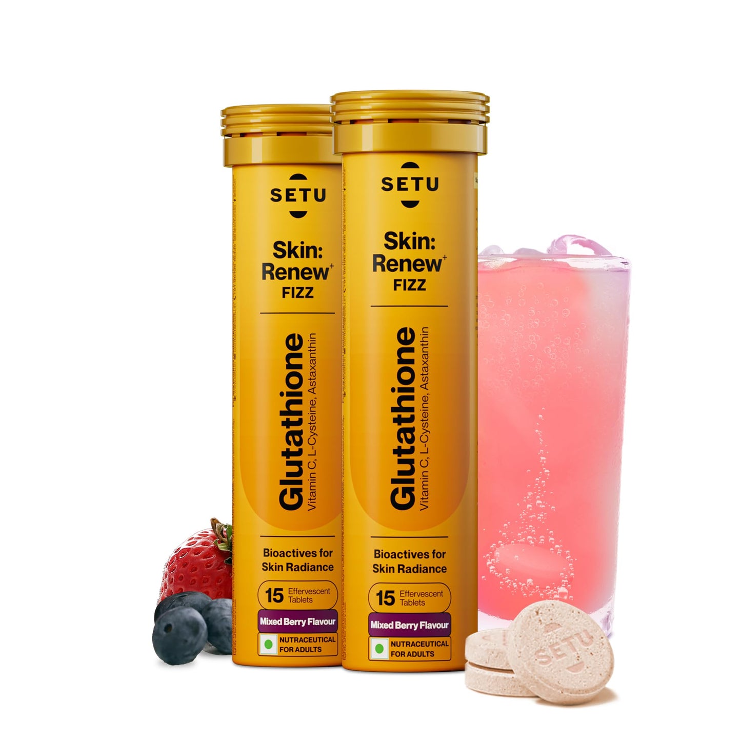 SETU Glutathione Effervescent Tablets with 500mg L-Glutathione & Vitamin C, Mixed Berry, 30 Tablets