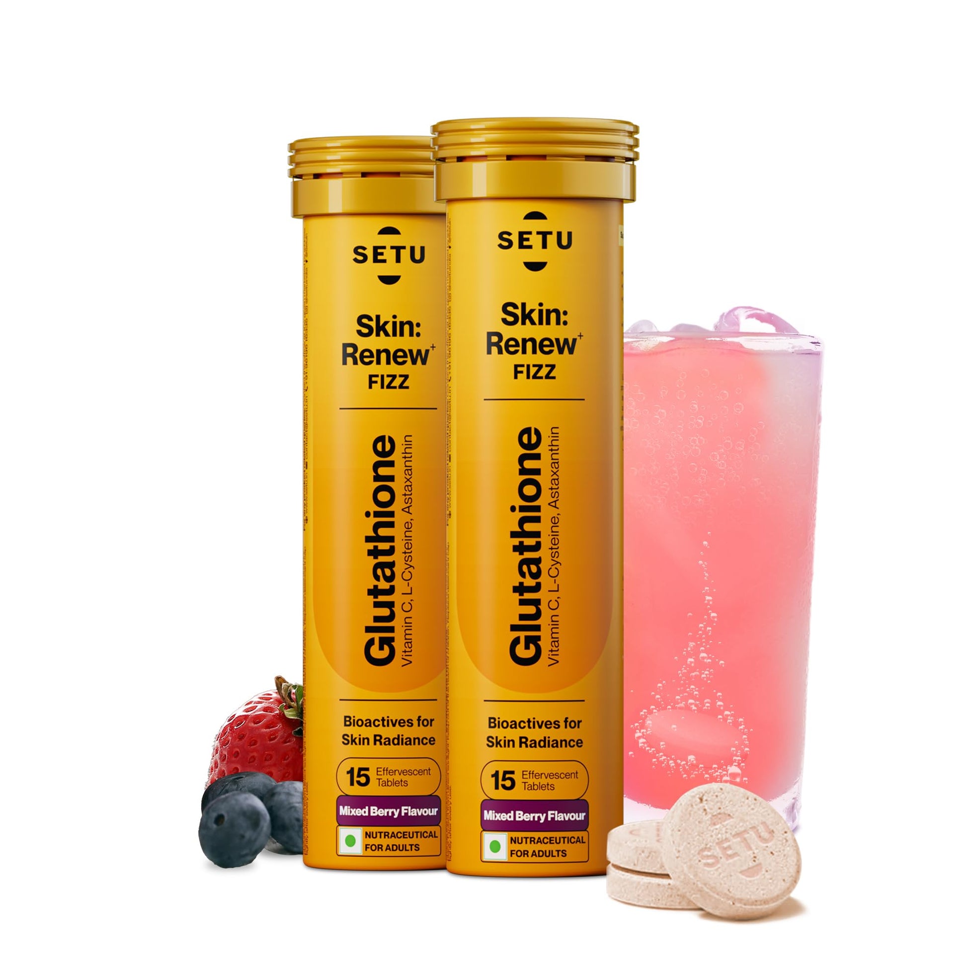SETU Glutathione Effervescent Tablets with 500mg L-Glutathione & Vitamin C, Mixed Berry, 30 Tablets