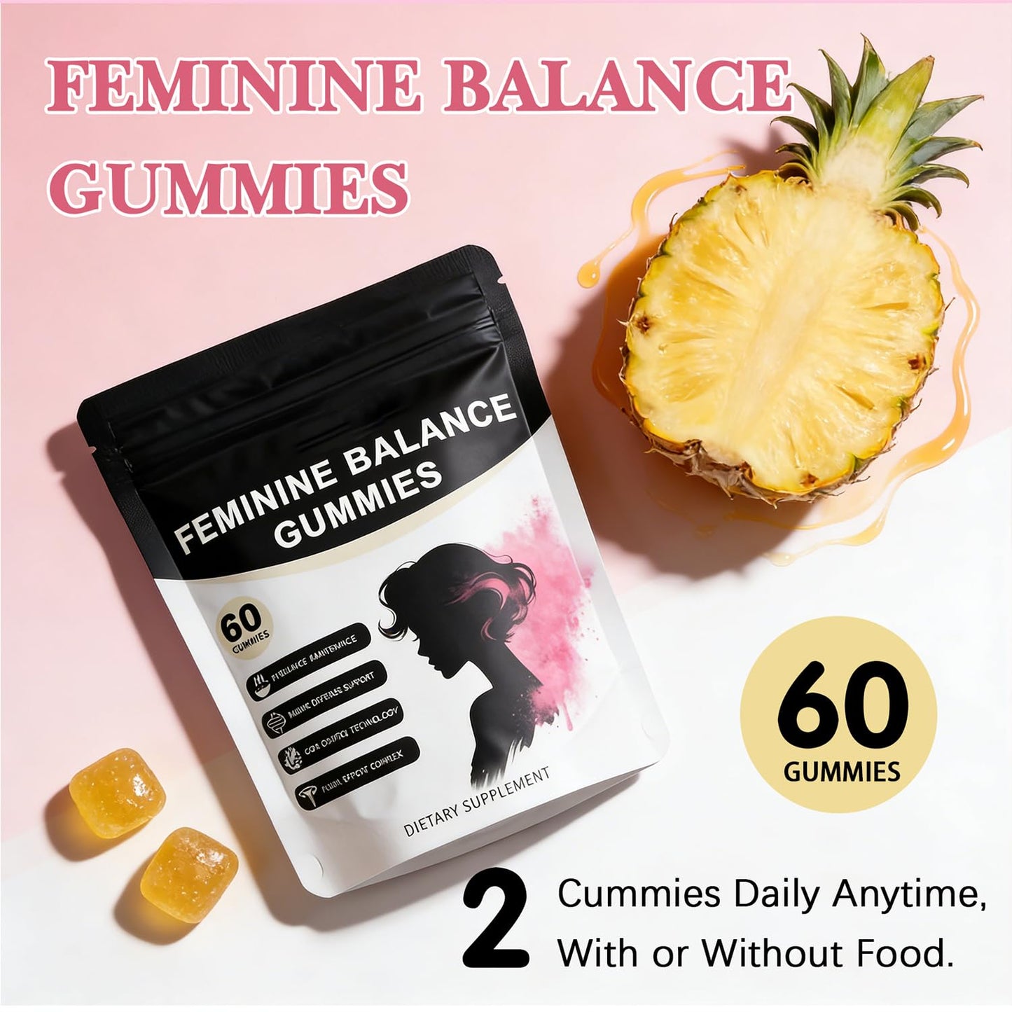 QYGCHUSIN Feminine Balance Gummies for Women - Vegan Pineapple Gummy Vitamins, Supports Vaginal pH & Healthy Flora, 60 Gummies