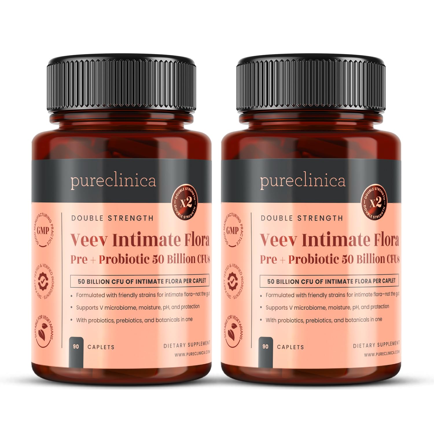 pureclinica Veev Intimate Flora - Vaginal & Gut Microbiome Support - 50 Billion CFU Probiotics with Prebiotics, Cranberry, D-Mannose & Hyaluronic Acid Caplets, 180 Count