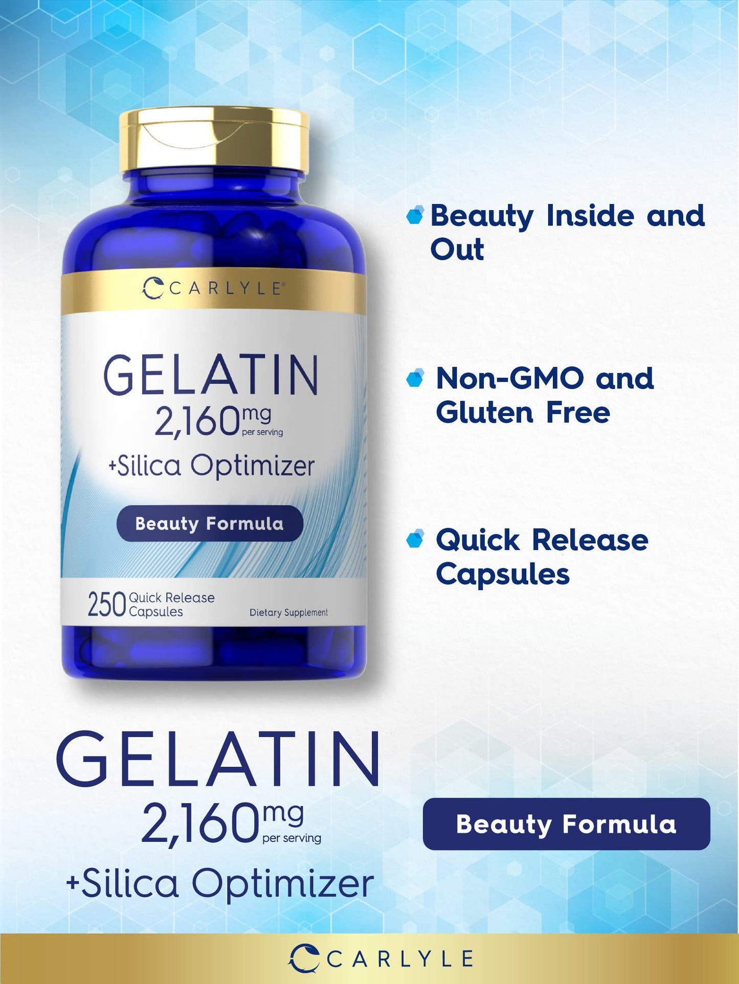 Carlyle Gelatin Capsules 2160 mg, 250 Count, Non-GMO, Gluten Free