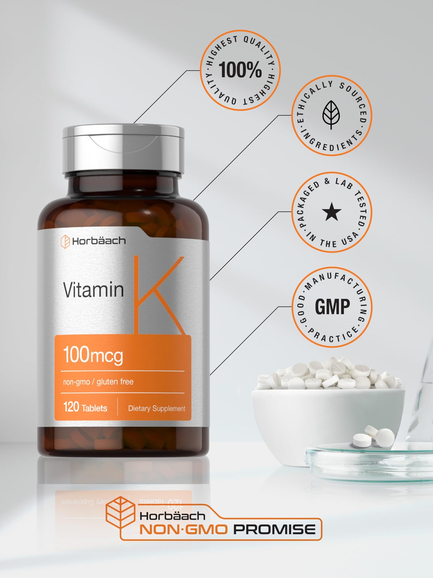 Horbäach Vitamin K Supplement 100mcg, 120 Tablets