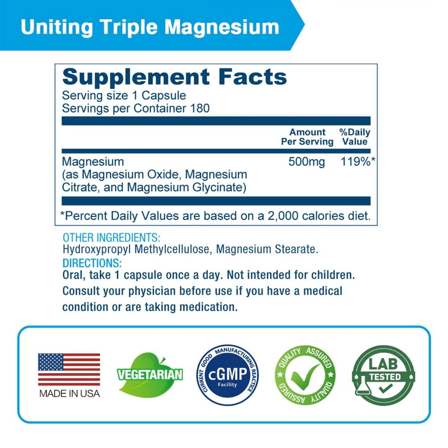 LOVITA Triple Magnesium Complex 500mg Capsules, 180 Count
