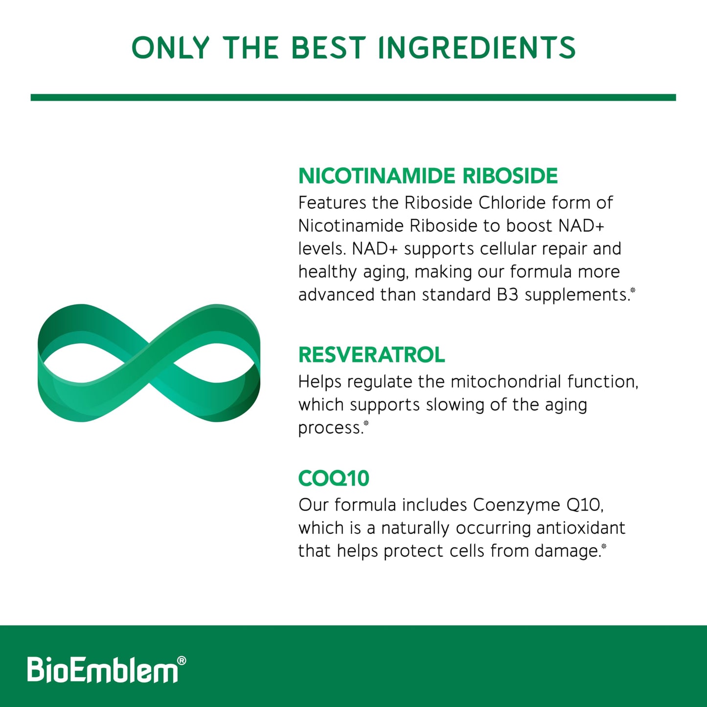 BioEmblem NAD+ Supplement with 300 mg Nicotinamide Riboside, CoQ10 & Resveratrol, 45 Capsules