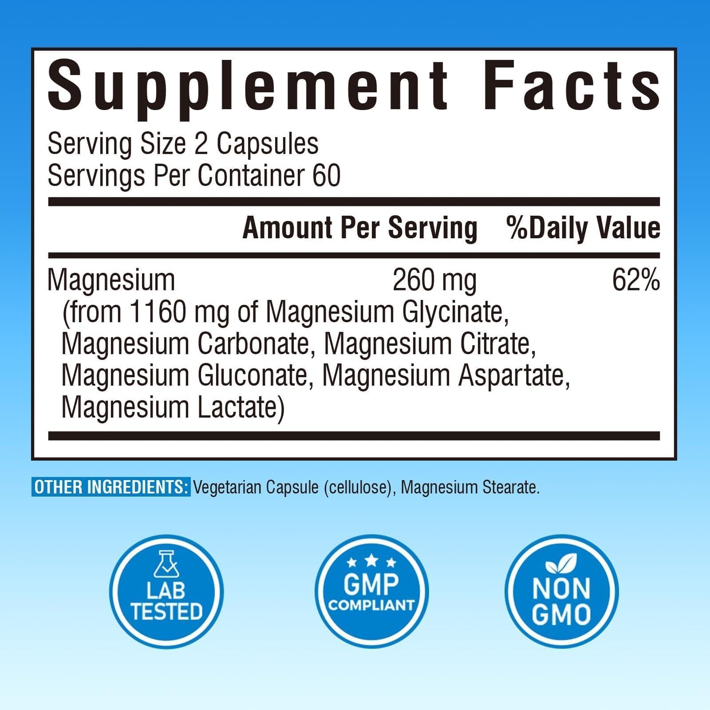 Vitalibre 6 in 1 Magnesium Complex for Women and Men, 260mg Elemental Magnesium 120 Capsules