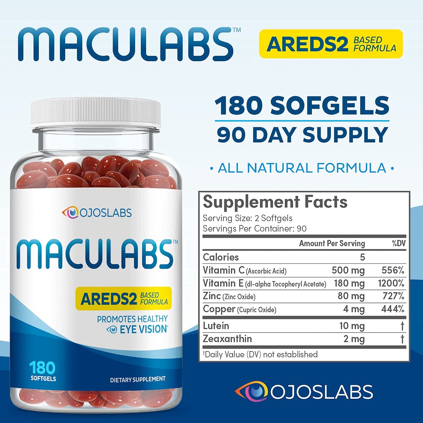 OjosLabs AREDS 2 Based Formula Eye Vitamins with Lutein & Zeaxanthin for Macular Health, 180 Softgels