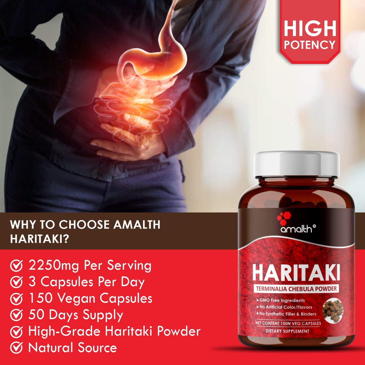 AMALTH Organic Indian Haritaki Capsules 150 Count