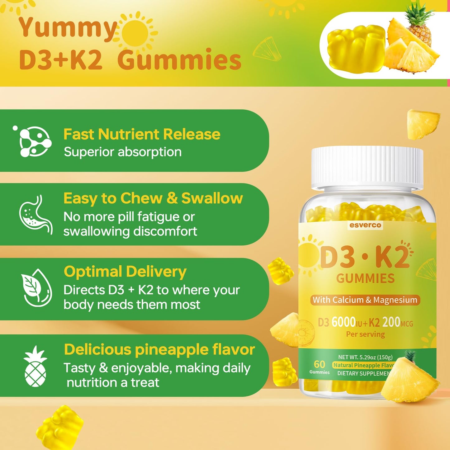 esverco Vitamin D3 K2 Gummies, 60 Count