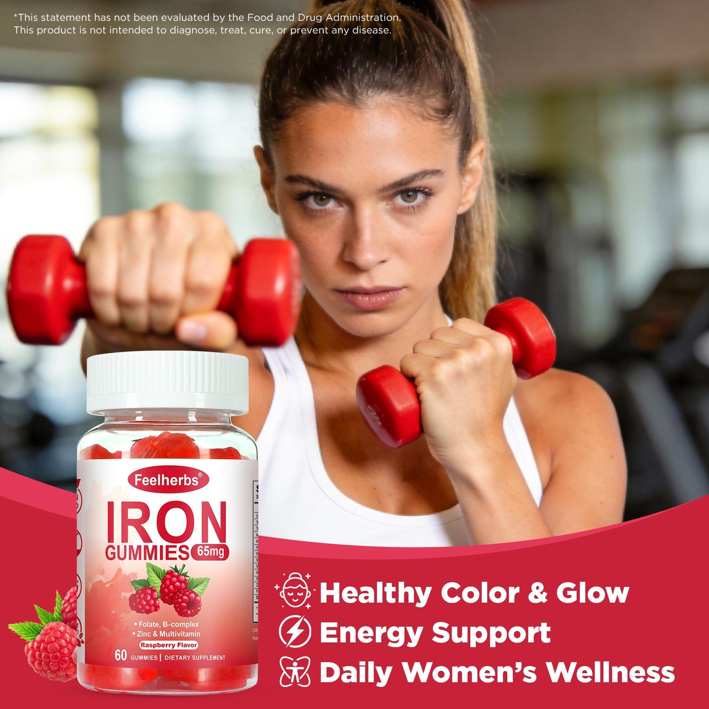 Feelherbs Iron Gummies for Women with Multivitamin, Raspberry Flavor, Vegan Iron Vitamin Gummy with Folate and B Complex, 60 Gummies