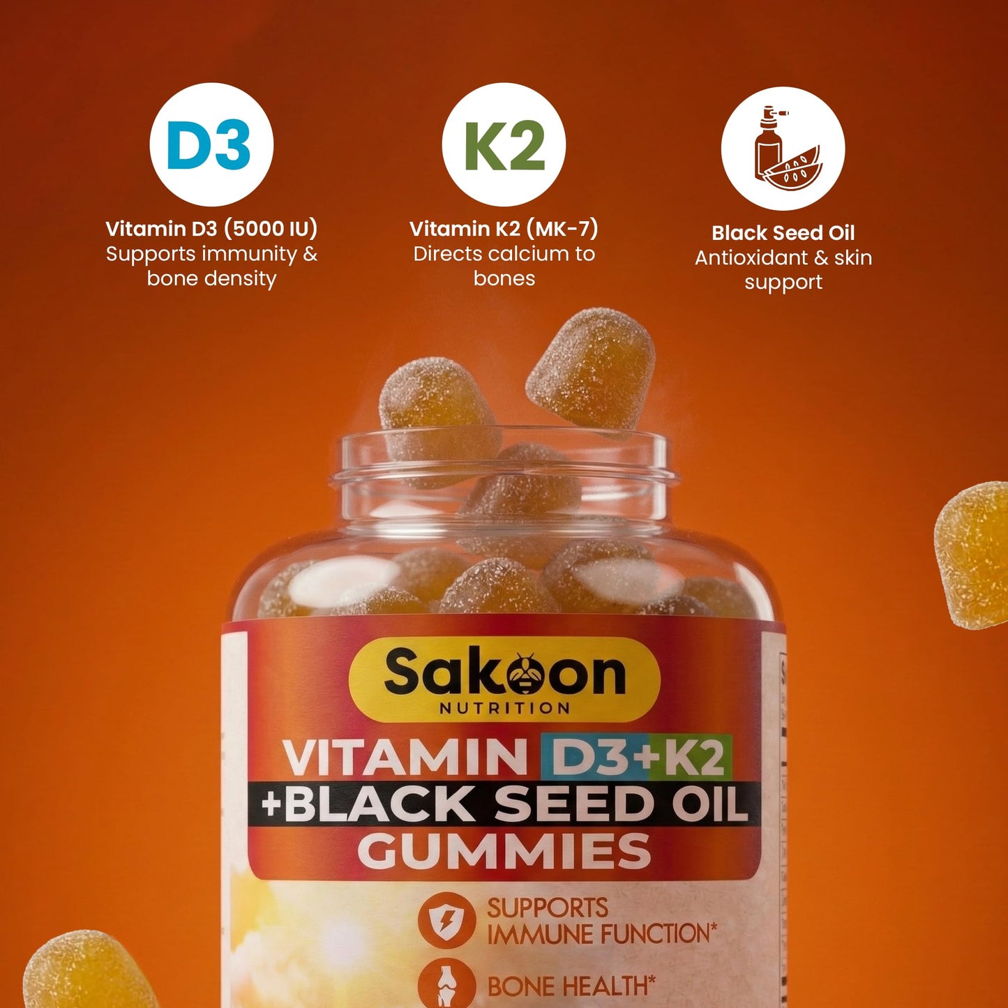 Sakoon nutrition Vitamin D3 K2 Gummies with Black Seed Oil for Bone, Teeth, Muscle and Immune Defense Support, Non-GMO, Gluten Free, 60 Count