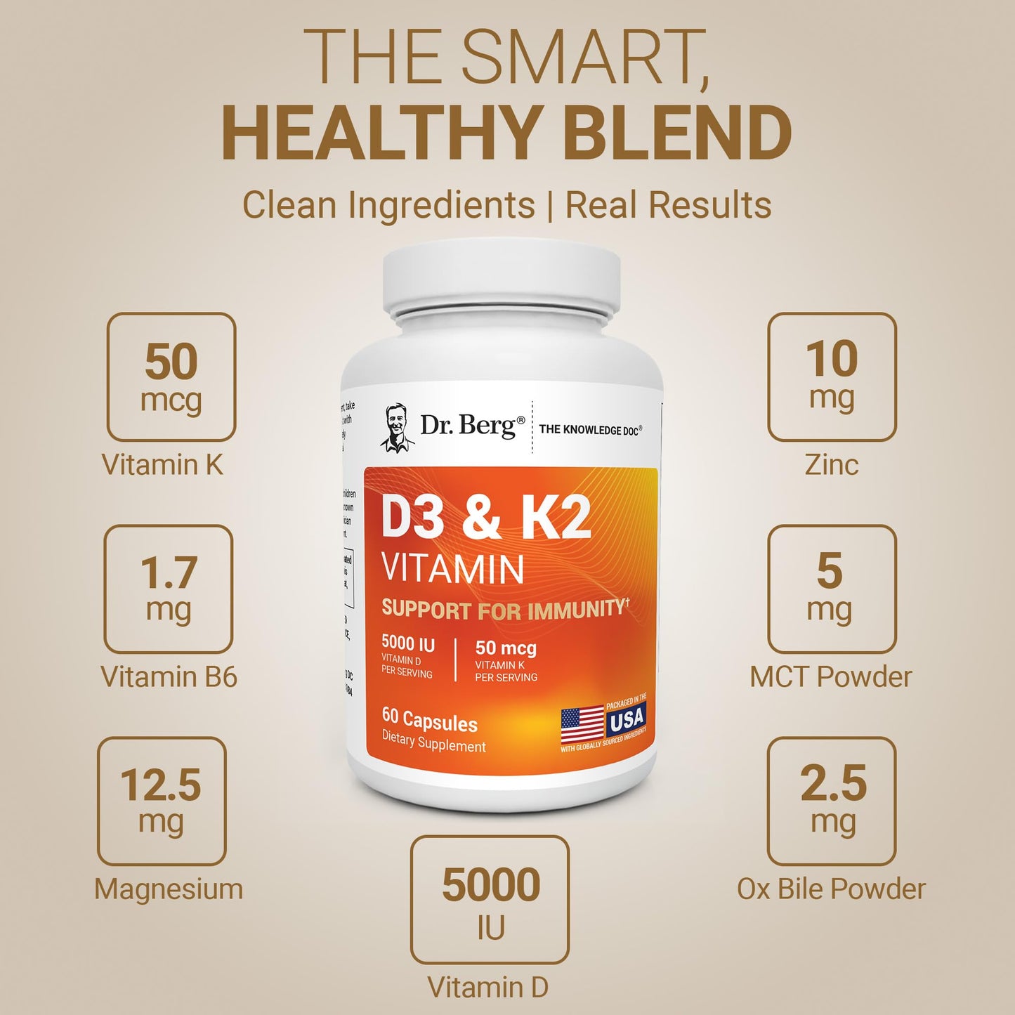 Dr. Berg Nutritionals Maximum Strength 2-in-1 Vitamin D3 K2 5000 IU Capsules, 60 Count