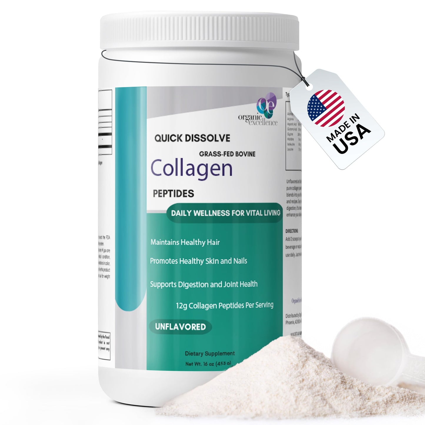 Organic Excellence Collagen Peptides Powder, Grass-Fed Bovine Unflavored Type I & III Hydrolyzed, 16 oz