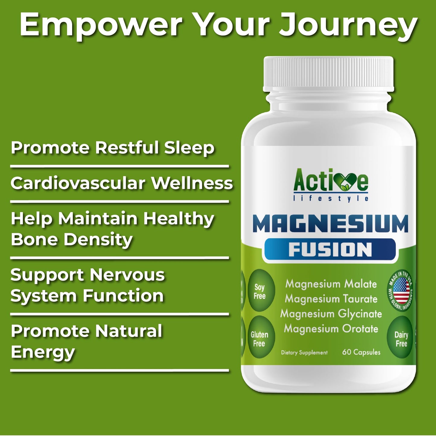 Active Lifestyle Magnesium Fusion 4X, Glycinate, Taurate, Malate, Orotate Complex Capsules, 60 Count