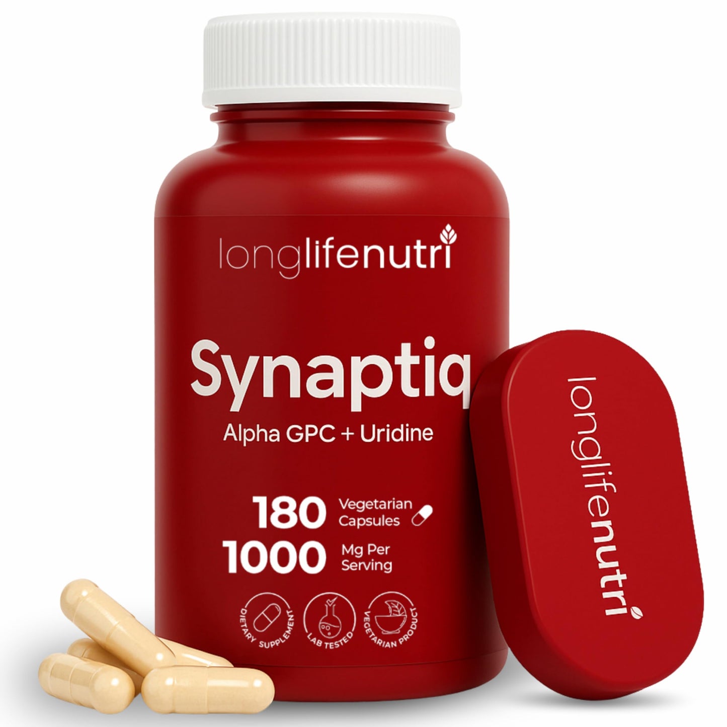 LongLifeNutri Synaptiq 1000mg (Alpha GPC + Uridine Monophosphate 600mg/400mg) Nootropic Choline Supplement, 180 Vegetarian Capsules