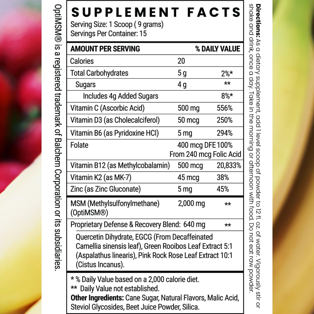 Twig & Leaf MSM + Quercetin Powder with Vitamin C & Zinc (Strawberry Banana) Immune System Support Supplement for Respiratory Health & Lung Function Natural Defense & Recovery Complex, Powder, 4.76 oz