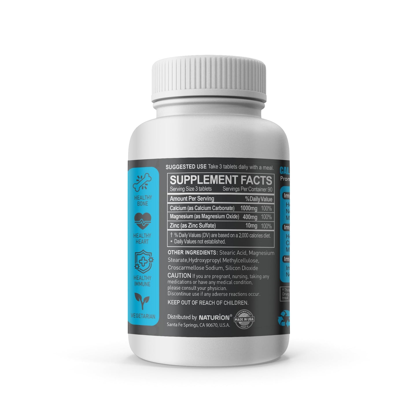 NATURION Calcium Magnesium Zinc Supplement - 3-in-1 Complex with 1000mg Calcium, 500mg Magnesium, 10mg Zinc - Bone, Muscle & Immune Support, Tablets, 270 Count