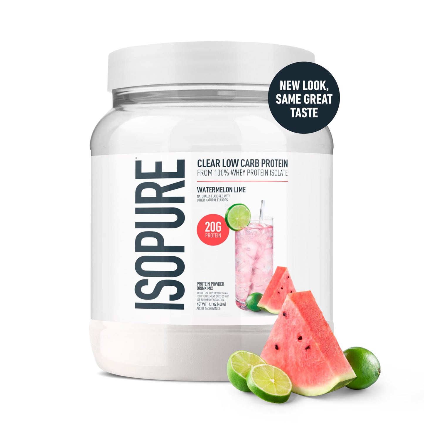 Isopure Clear Whey Isolate Protein Powder, Lactose Free, Gluten Free, Naturally Flavored, Watermelon Lime, 20g Protein Per Serving, 14.1 Oz, 16 Servings (Packaging May Vary)