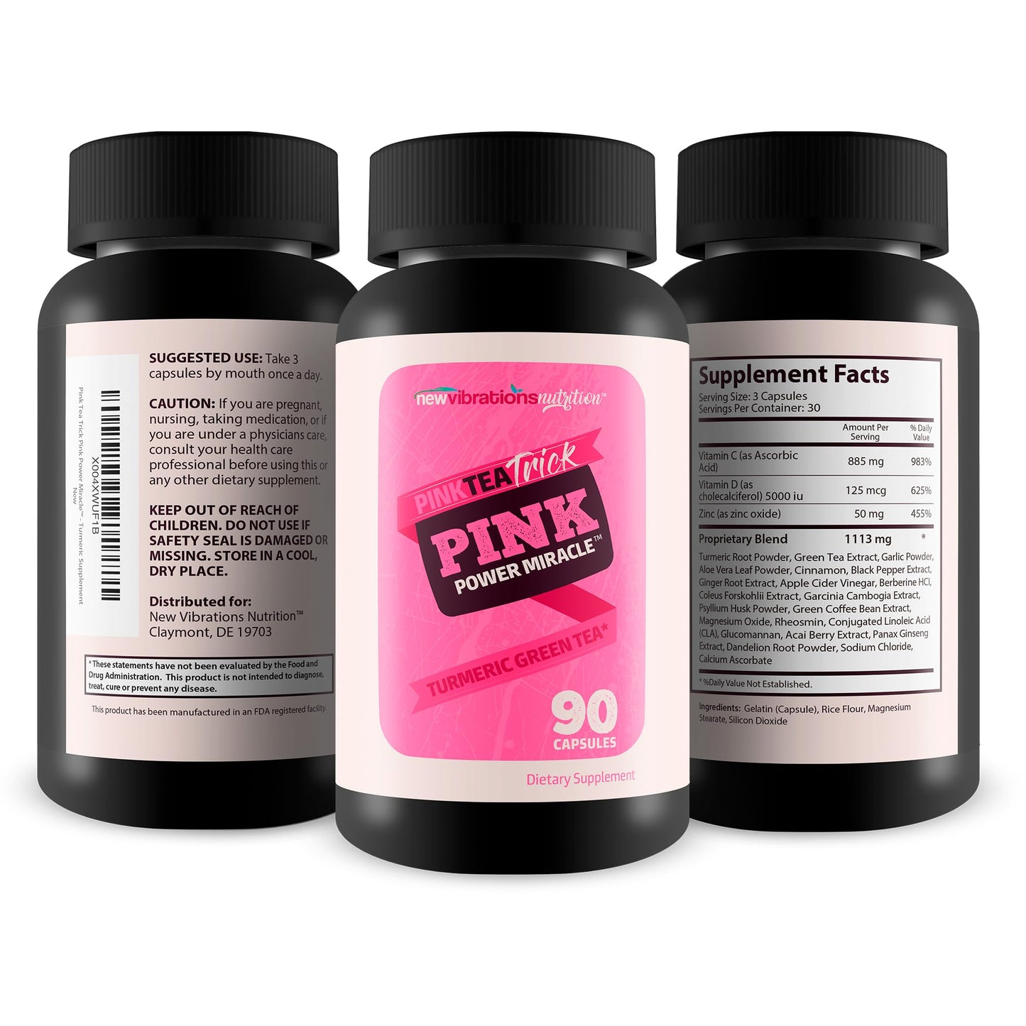 New Vibrations Nutrition Pink Tea Trick Turmeric Green Tea Capsules, 90 Count