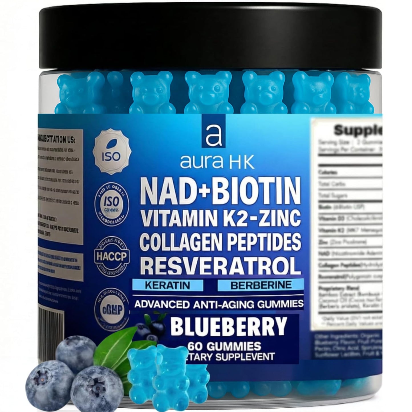 Aura HK NAD+ Biotin, Resveratrol, Berberine & Anti-Aging Gummies, Hair, Skin, Nails & Joint Support, Collagen Peptides, Keratin, Zinc, Vitamin K2 & D3, Regeneration (Blueberry), 120 Gummies