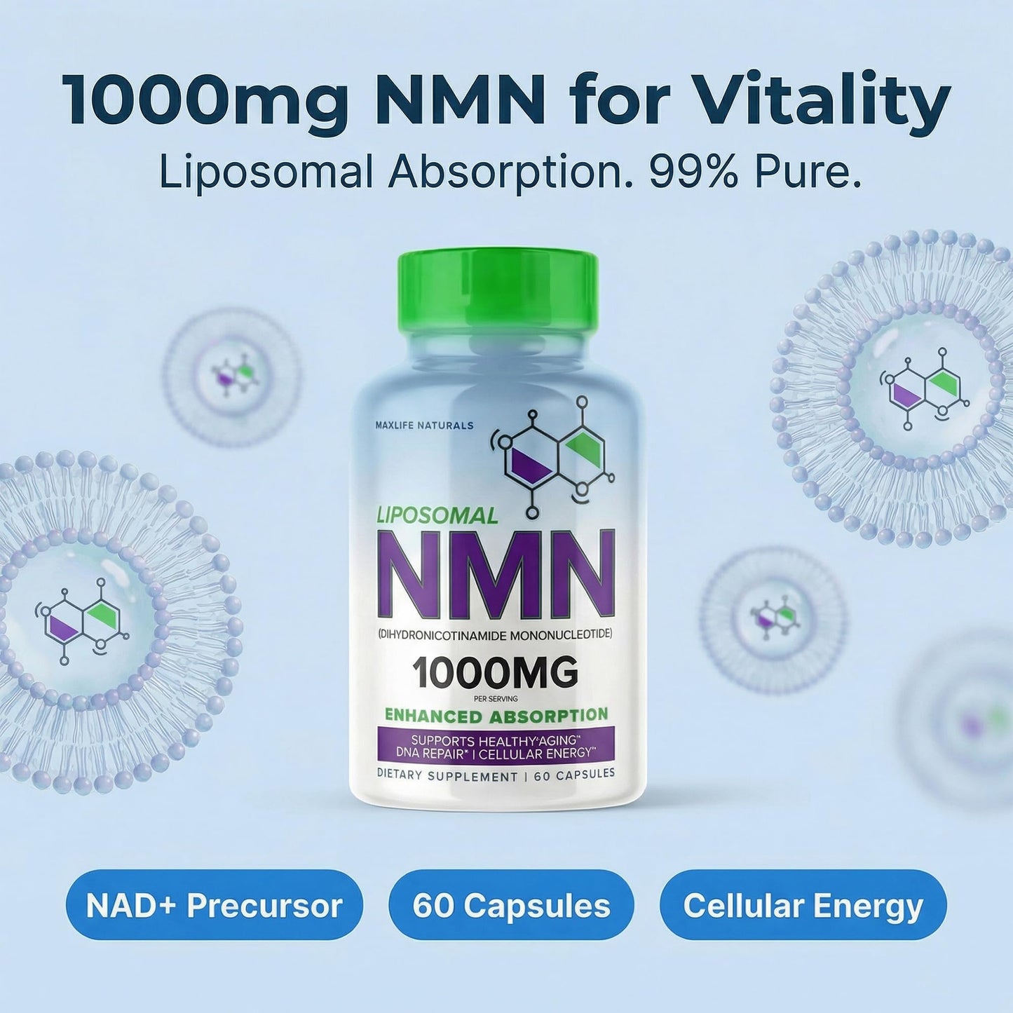 MAXLIFE NATURALS NMN Supplement 1000mg Liposomal 99% High Purity Capsule, 60 Count