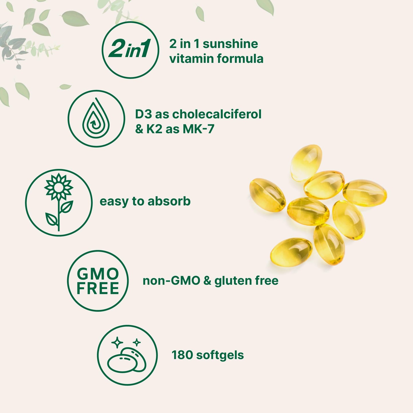 Micro Ingredients Vitamin D3 5000 IU + K2 MK-7 100 mcg Softgels, 180 Count