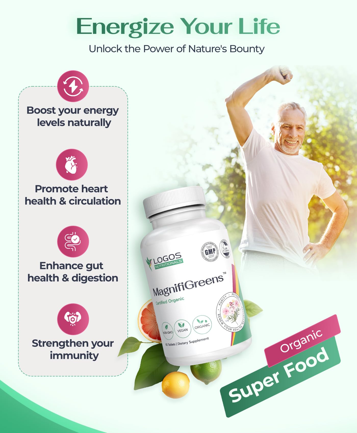 logos nutritionals MagnifiGreens - Super Greens, Fruits and Vegetables Supplements | 28 Ingredients with Alfalfa, Tart Cherry & More | Support Energy Level & Gut Health | Non-GMO, 60 Tablets