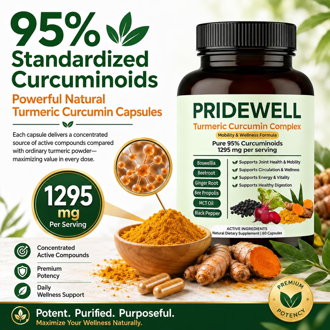 HerSpark PrideWell Powerful Natural Turmeric Curcumin Capsules, 60 Capsules