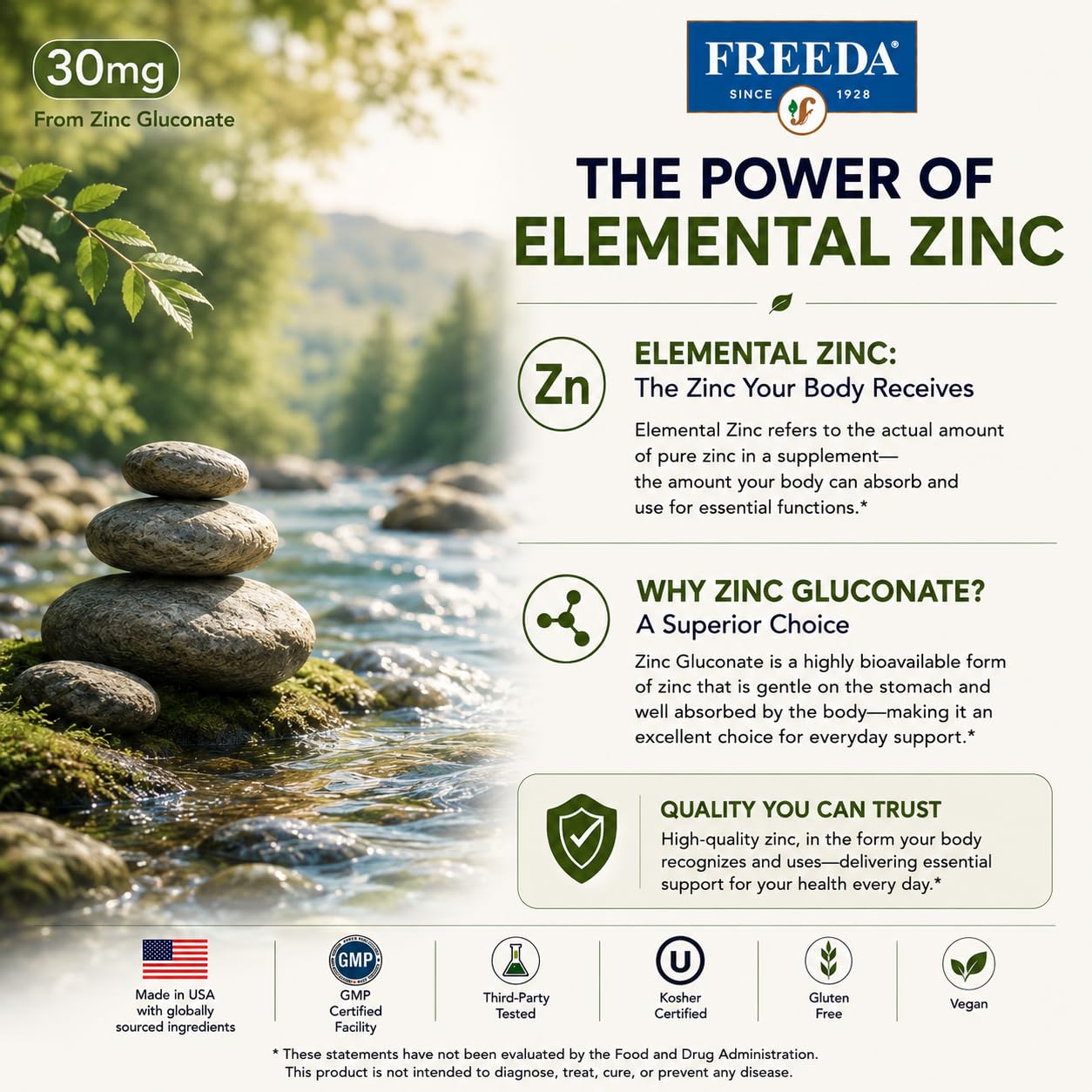 FREEDA Elemental Zinc 30 mg Tablet, 100 Tablets