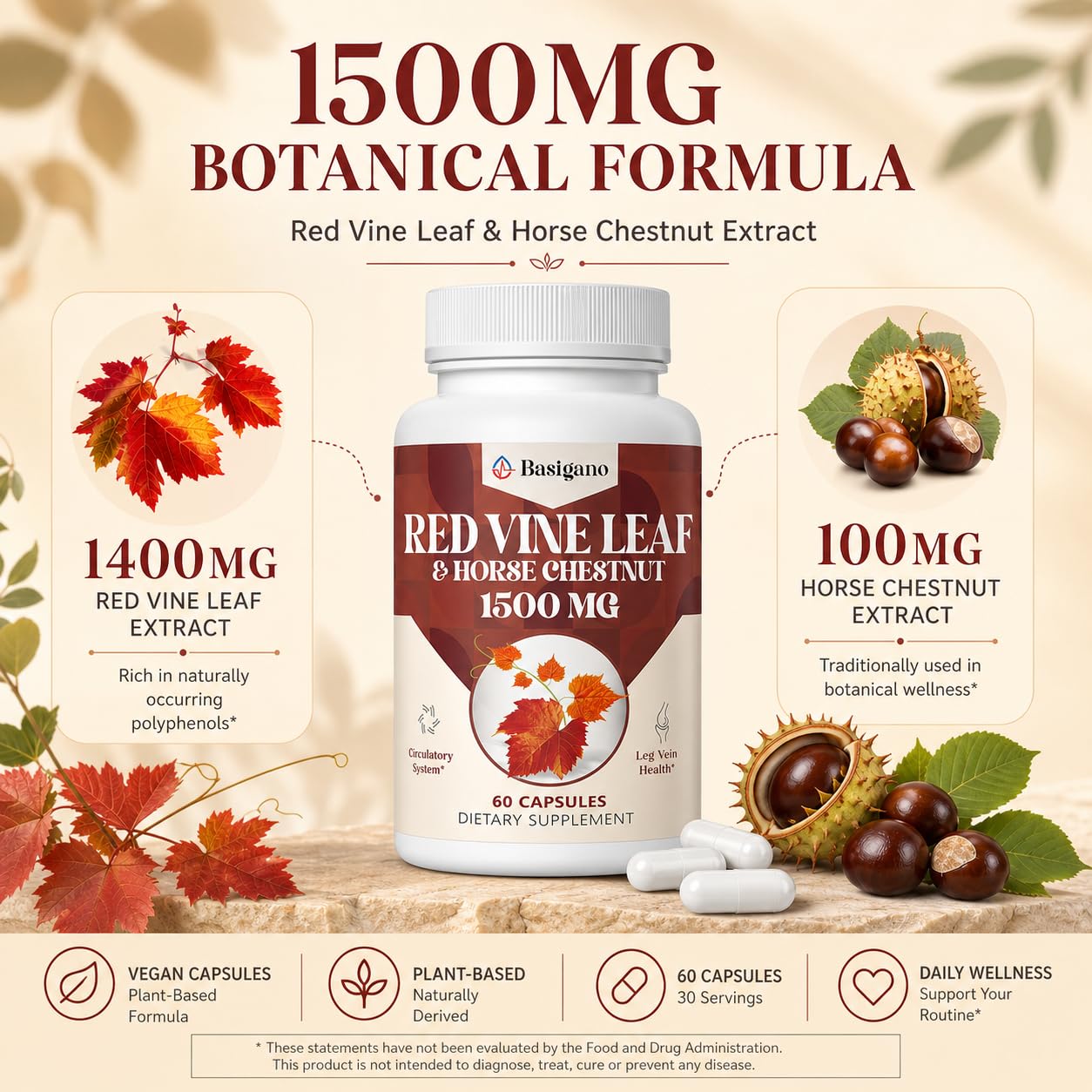 Basigano Red Vine Leaf & Horse Chestnut Extract 1500mg Capsule, 60 Count