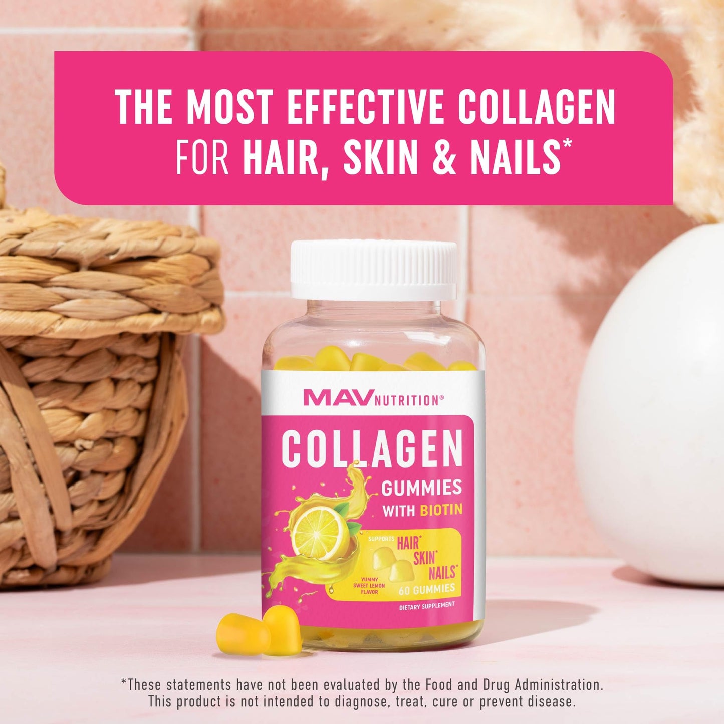 MAV NUTRITION Collagen Gummies for Women, 200mg Hydrolyzed Collagen + 2500mcg Biotin, 60 Gummies