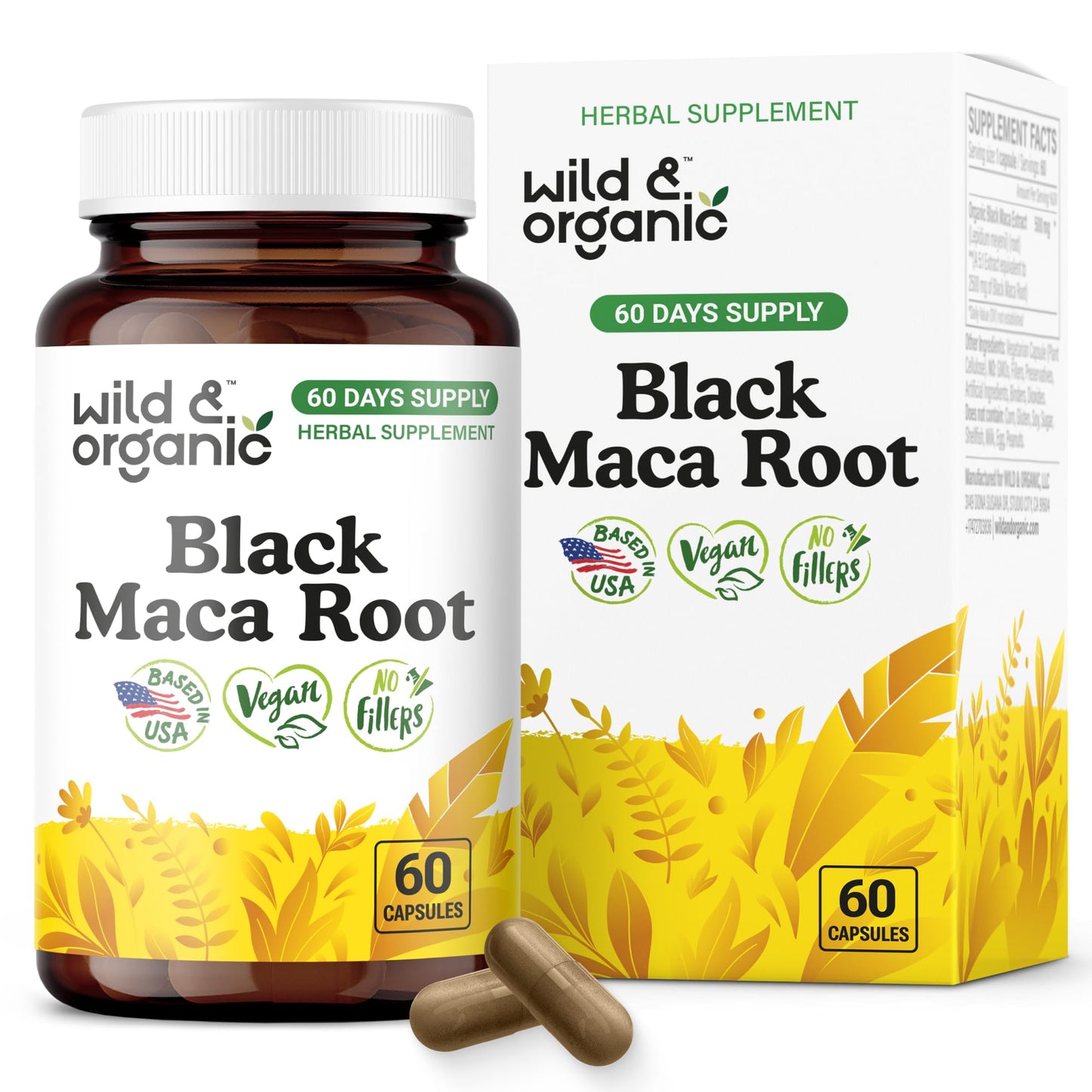 Wild & Organic Black Maca Root 500 mg, 60 Capsules