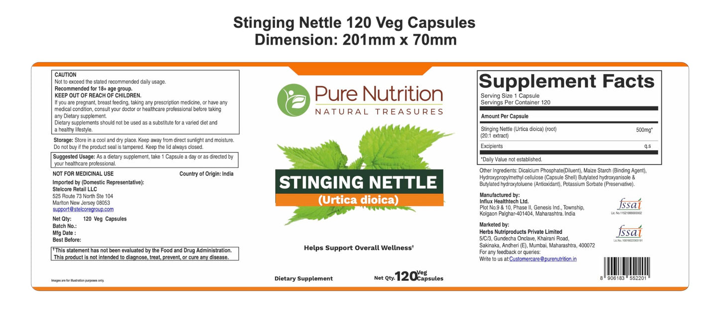 Pure Nutrition Natural Treasures Stinging Nettle 20:1 Extract 500mg per Capsule, 120 Veg Caps