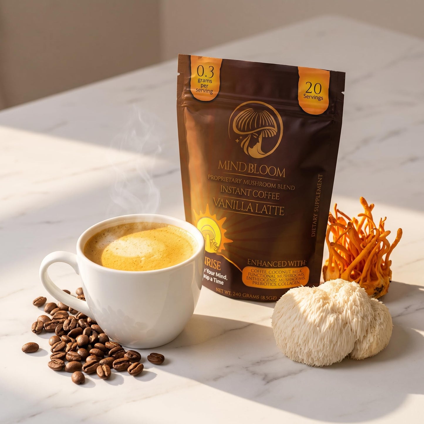 Mind Bloom Sunrise Vanilla Latte Instant Coffee with Proprietary Mushroom Blend, Powder, 8.5 oz