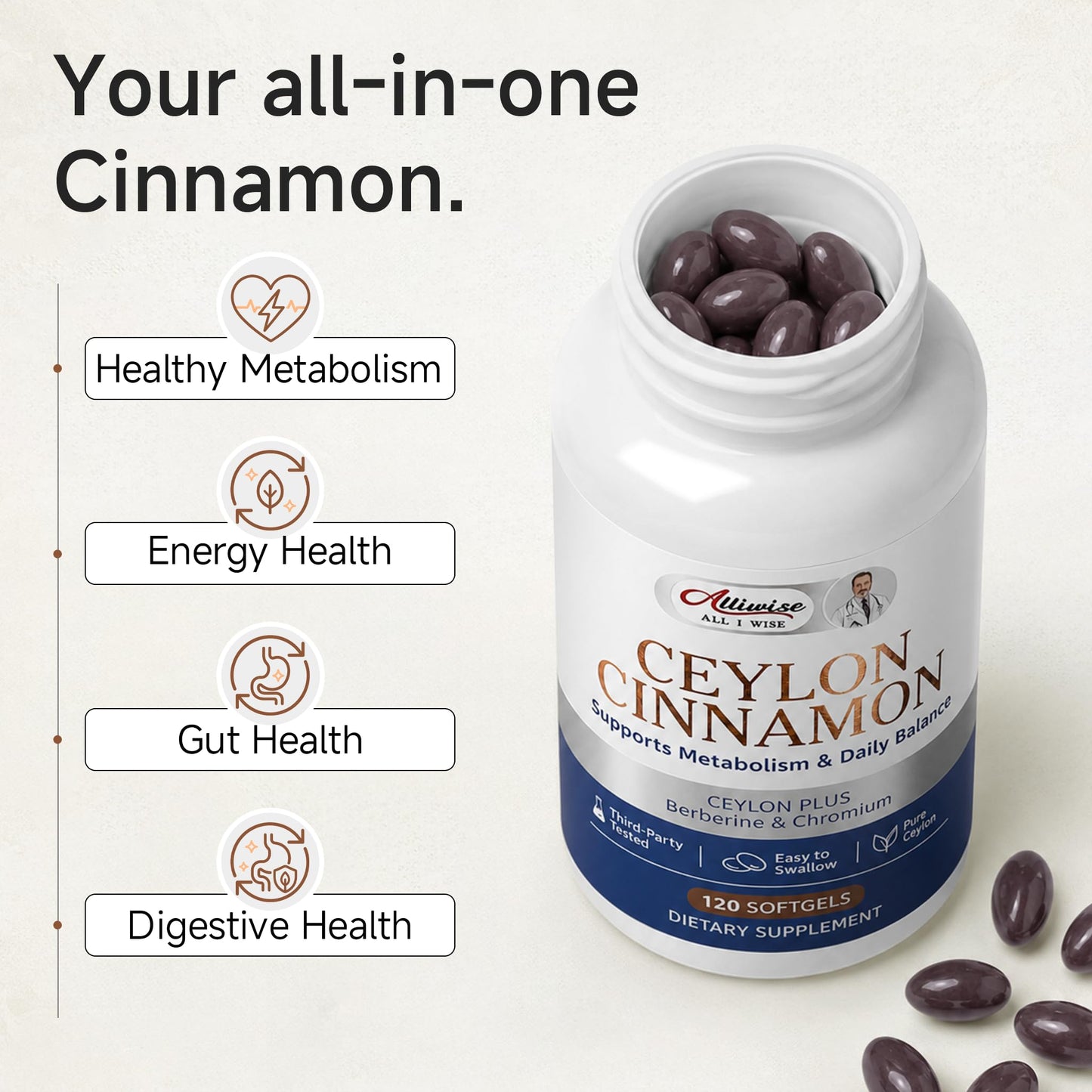 Alliwise Ceylon Cinnamon Supplement with Berberine & Chromium Softgels, 240 Count