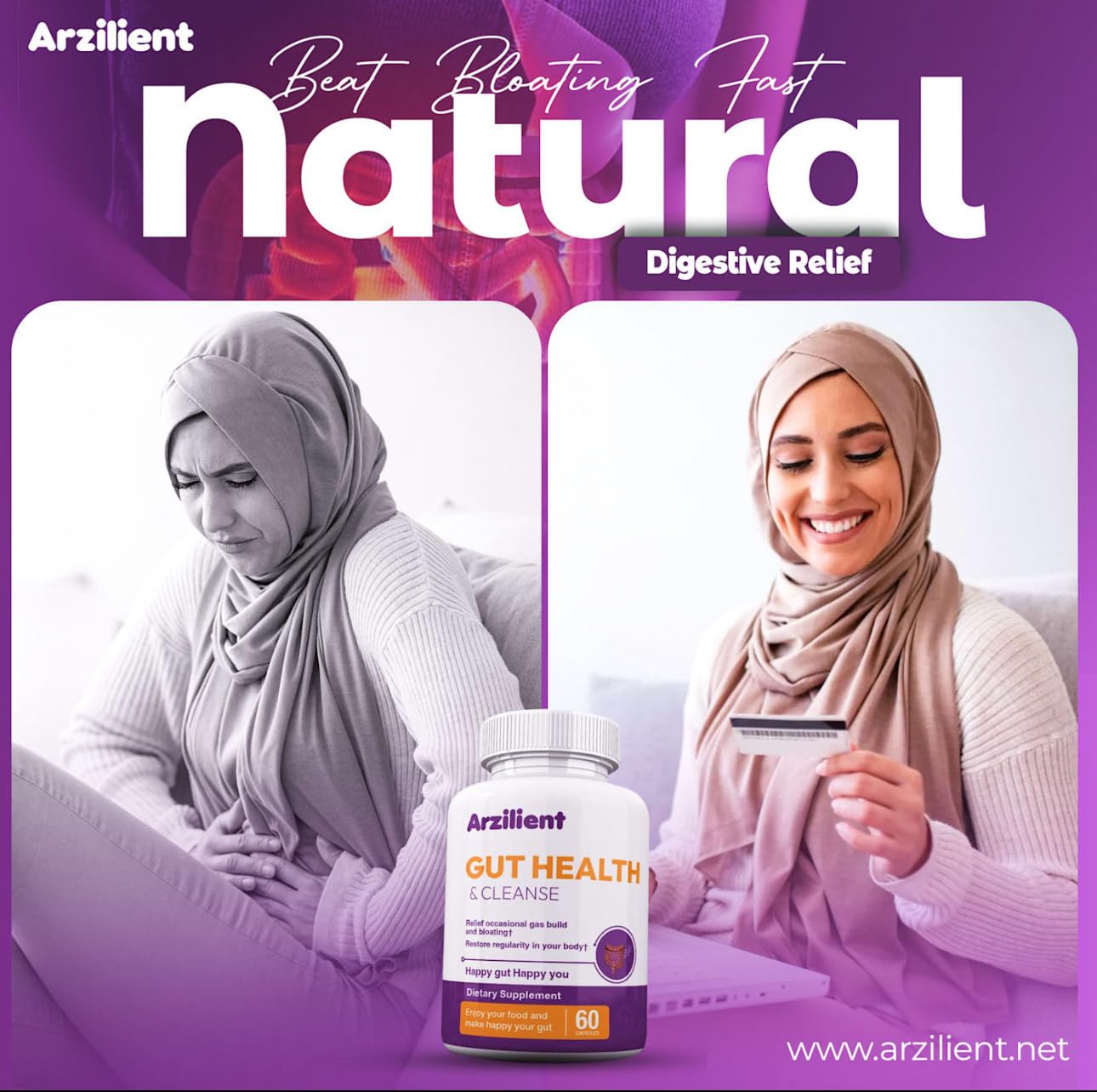 Arzilient Gut Health & Cleanse Prebiotics Probiotics Digestive Enzymes & Herbal Blend Capsule 60 Count